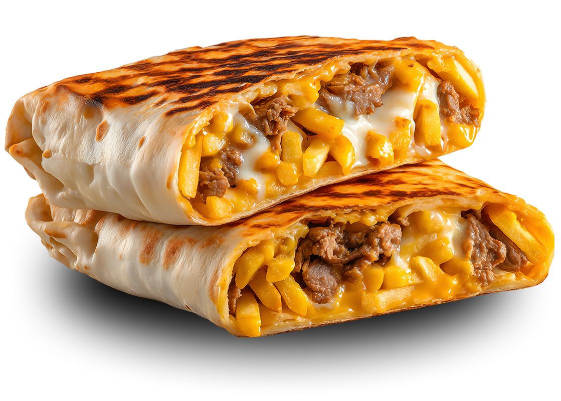 Deux tacos viande garnis de fromage et de frites